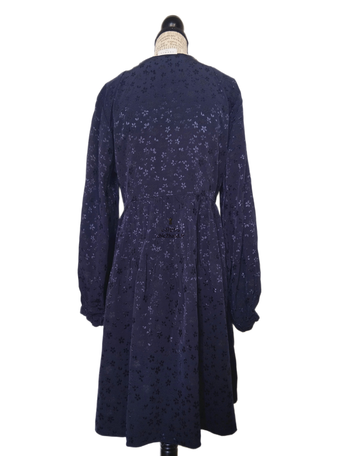 Robe manches longues mi longue évasée Sandro FR38 M bleu nuit fleuri NEUF – Image 10