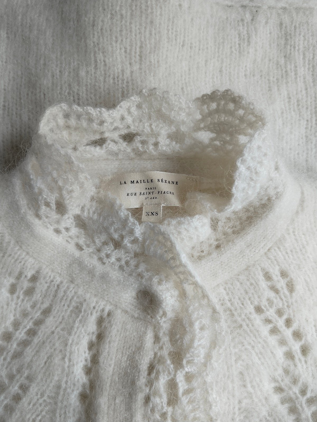 Gilet épais doudou ajouré 66% laine kid mohair Sézane XXS blanc crème TBE – Image 2