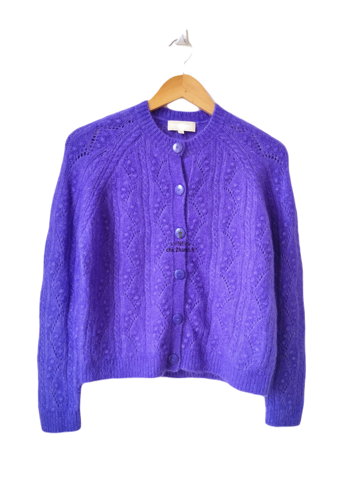Gilet cardigan ajouré laine kid mohair Sézane XXS violet NEUF