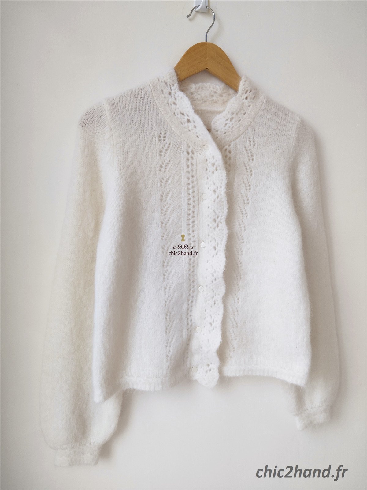 Gilet épais doudou ajouré 66% laine kid mohair Sézane XXS blanc crème TBE – Image 14