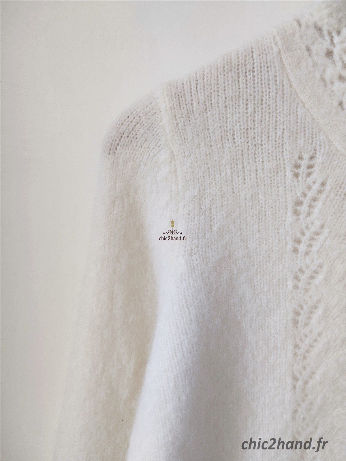 Gilet épais doudou ajouré 66% laine kid mohair Sézane XXS blanc crème TBE – Image 13
