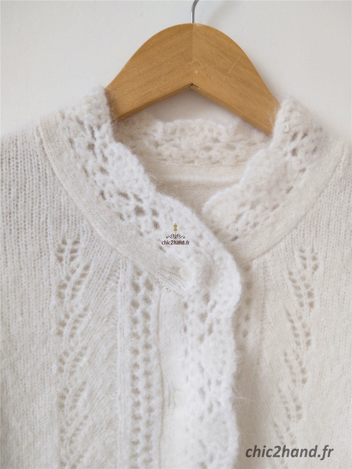 Gilet épais doudou ajouré 66% laine kid mohair Sézane XXS blanc crème TBE – Image 12