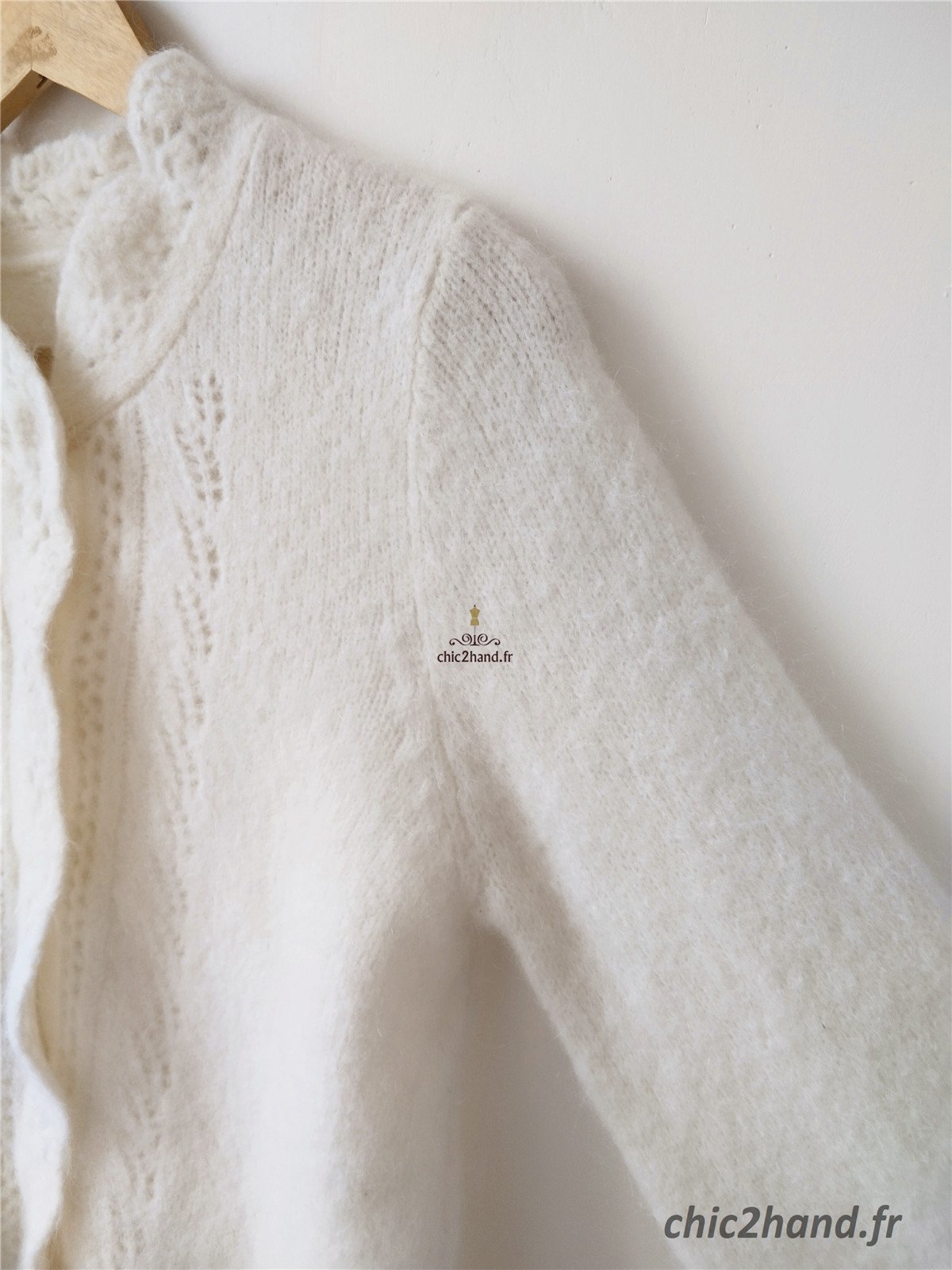 Gilet épais doudou ajouré 66% laine kid mohair Sézane XXS blanc crème TBE – Image 11