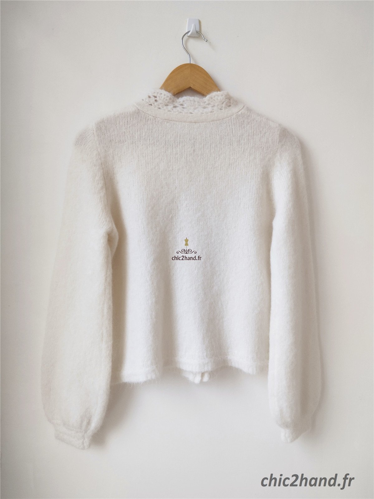Gilet épais doudou ajouré 66% laine kid mohair Sézane XXS blanc crème TBE – Image 9