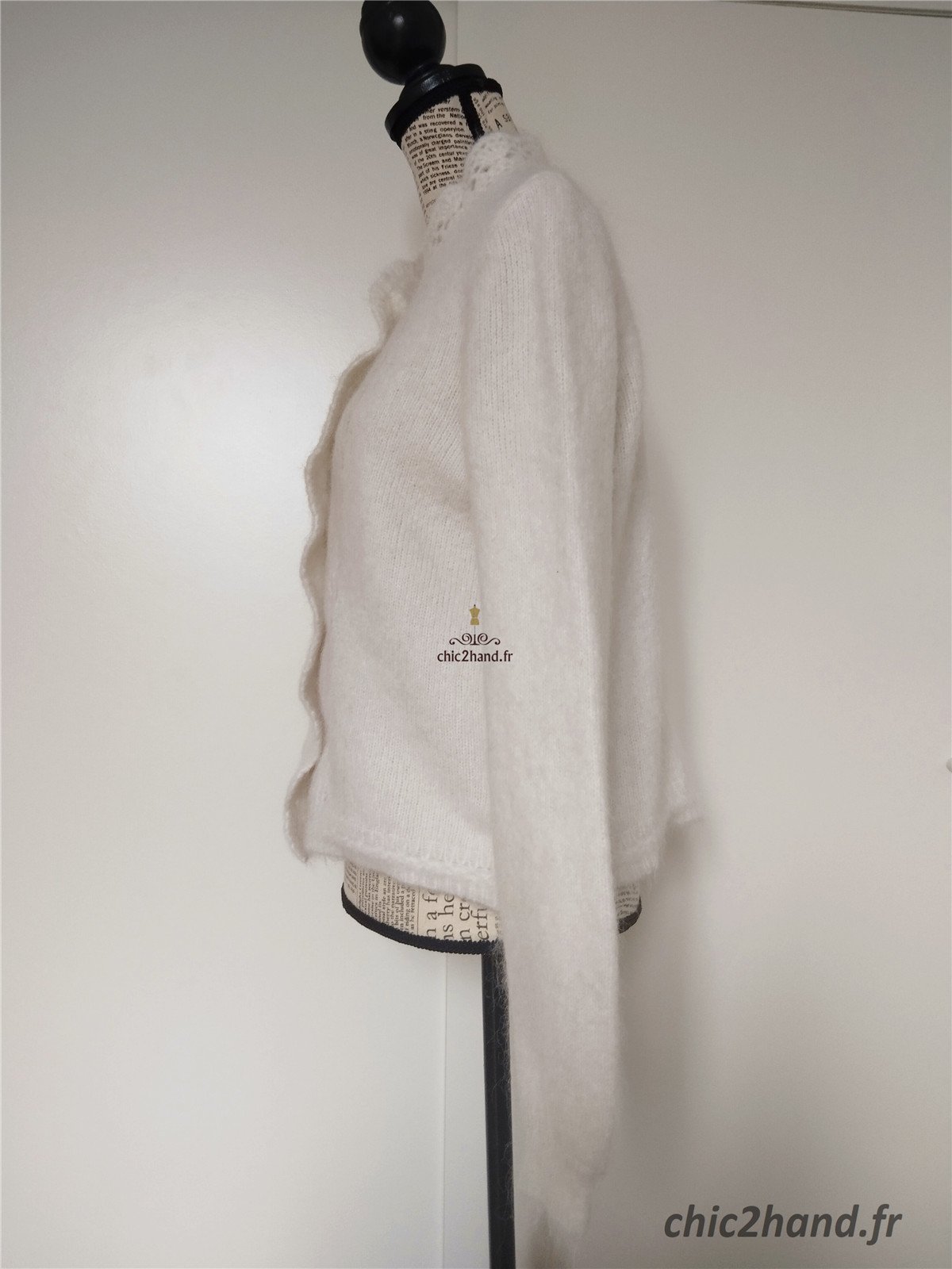 Gilet épais doudou ajouré 66% laine kid mohair Sézane XXS blanc crème TBE – Image 7
