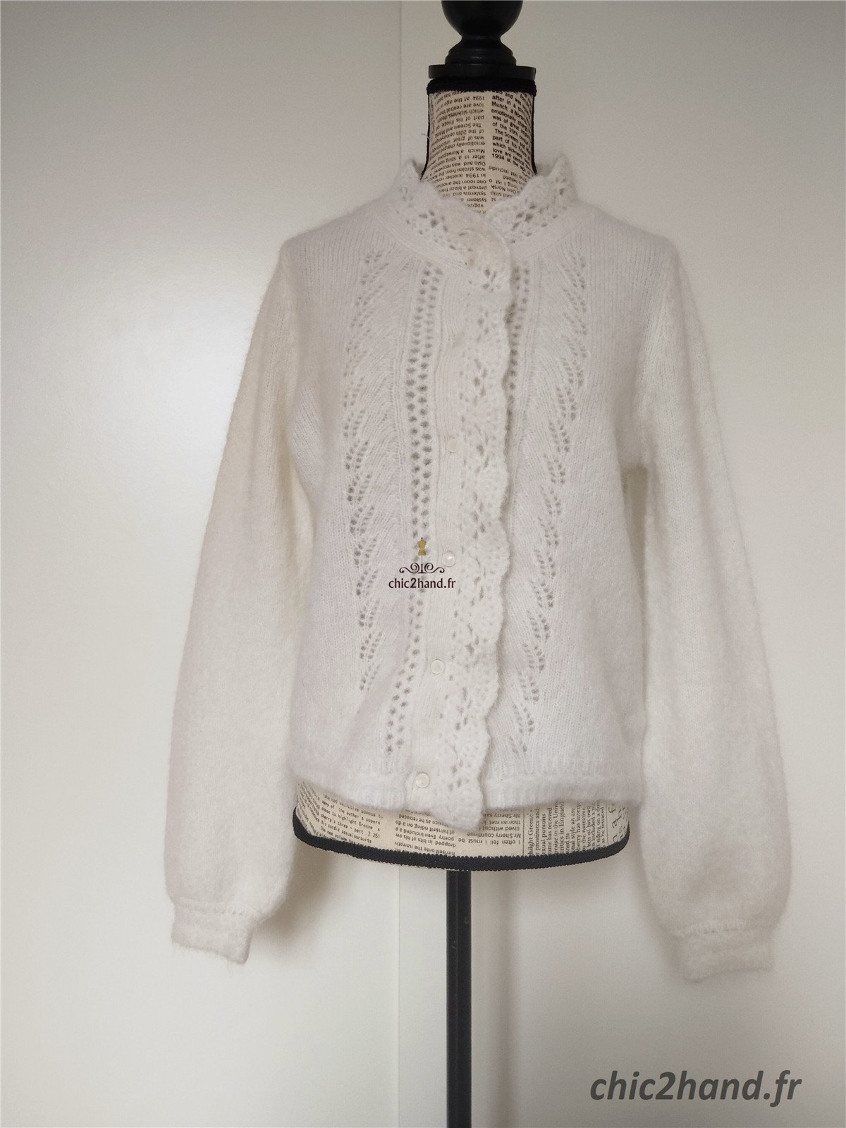 Gilet épais doudou ajouré 66% laine kid mohair Sézane XXS blanc crème TBE – Image 6