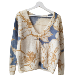 Gilet épais doudou ajouré 64% laine kid mohair Sézane M blanc fleuri multicolore  NEUF