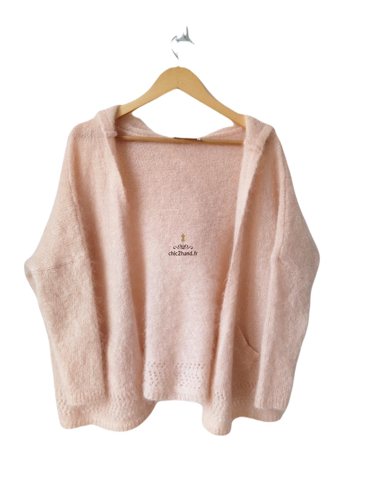 Gilet cardigan oversize ajouré avec capuche 82% kid mohair Sézane XS rose tendre NEUF