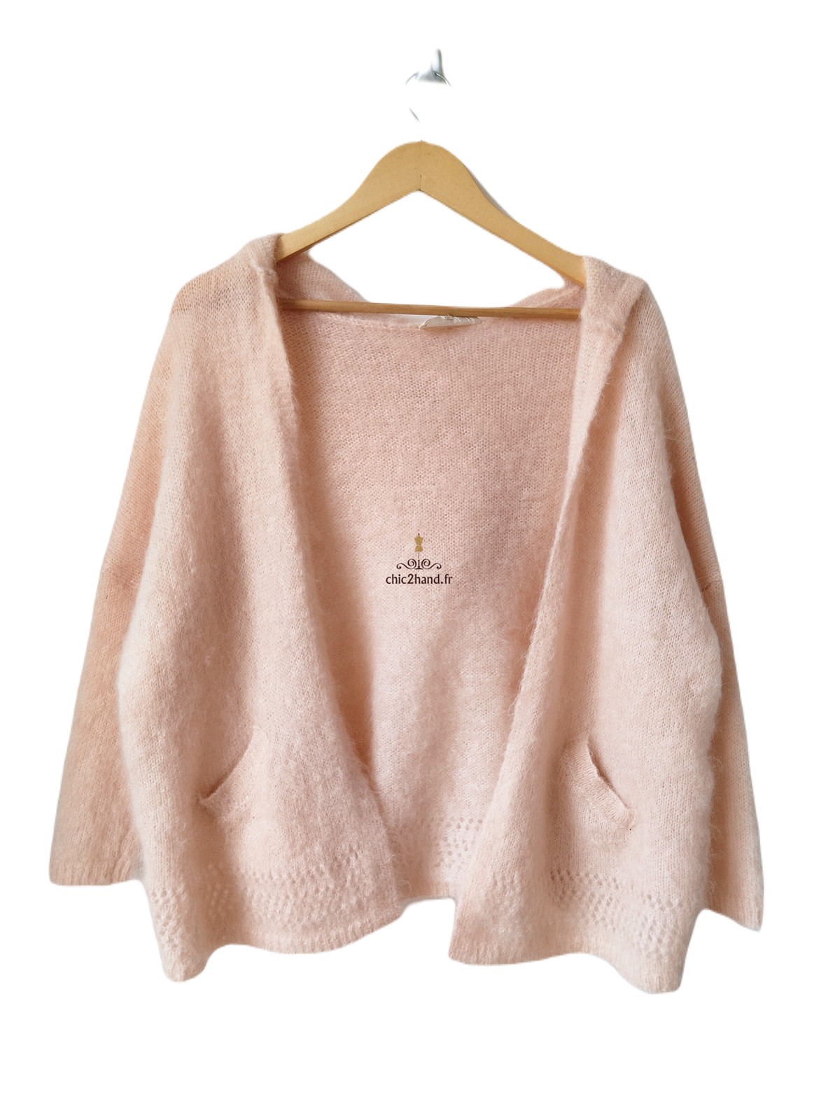 Gilet cardigan oversize ajouré avec capuche 82% kid mohair Sézane XS rose tendre NEUF – Image 3