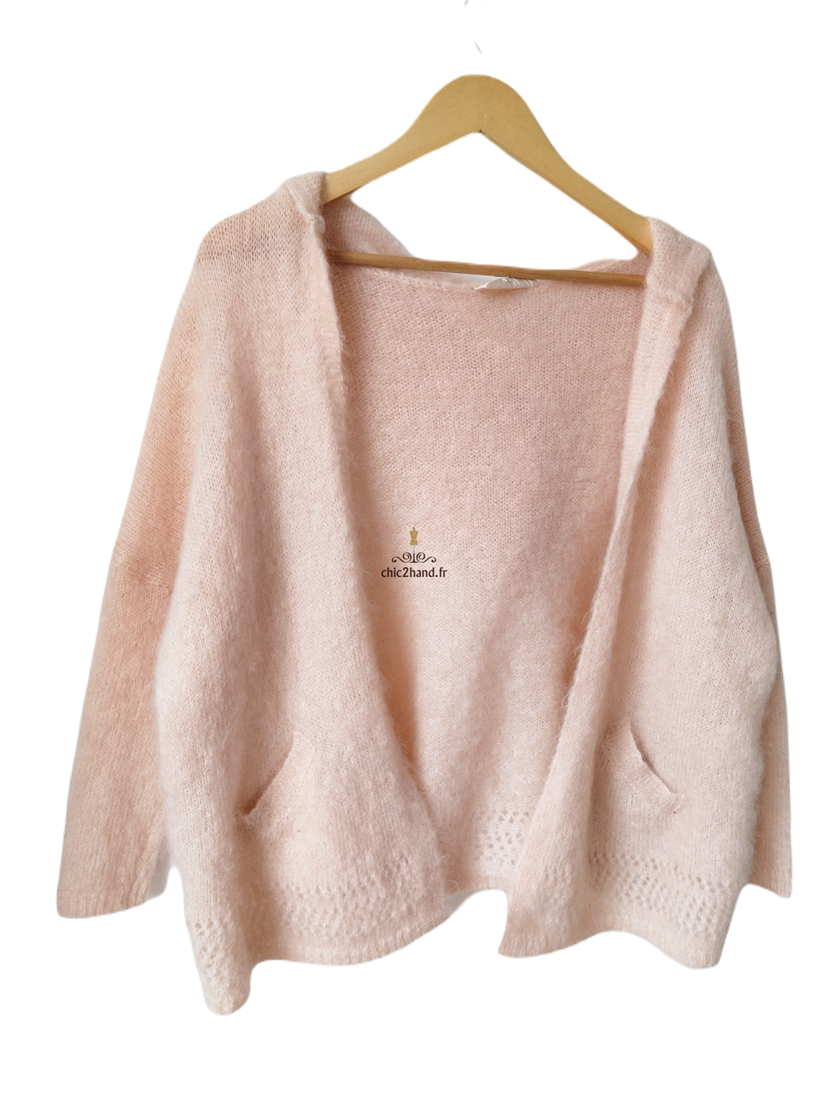 Gilet cardigan oversize ajouré avec capuche 82% kid mohair Sézane XS rose tendre NEUF – Image 4