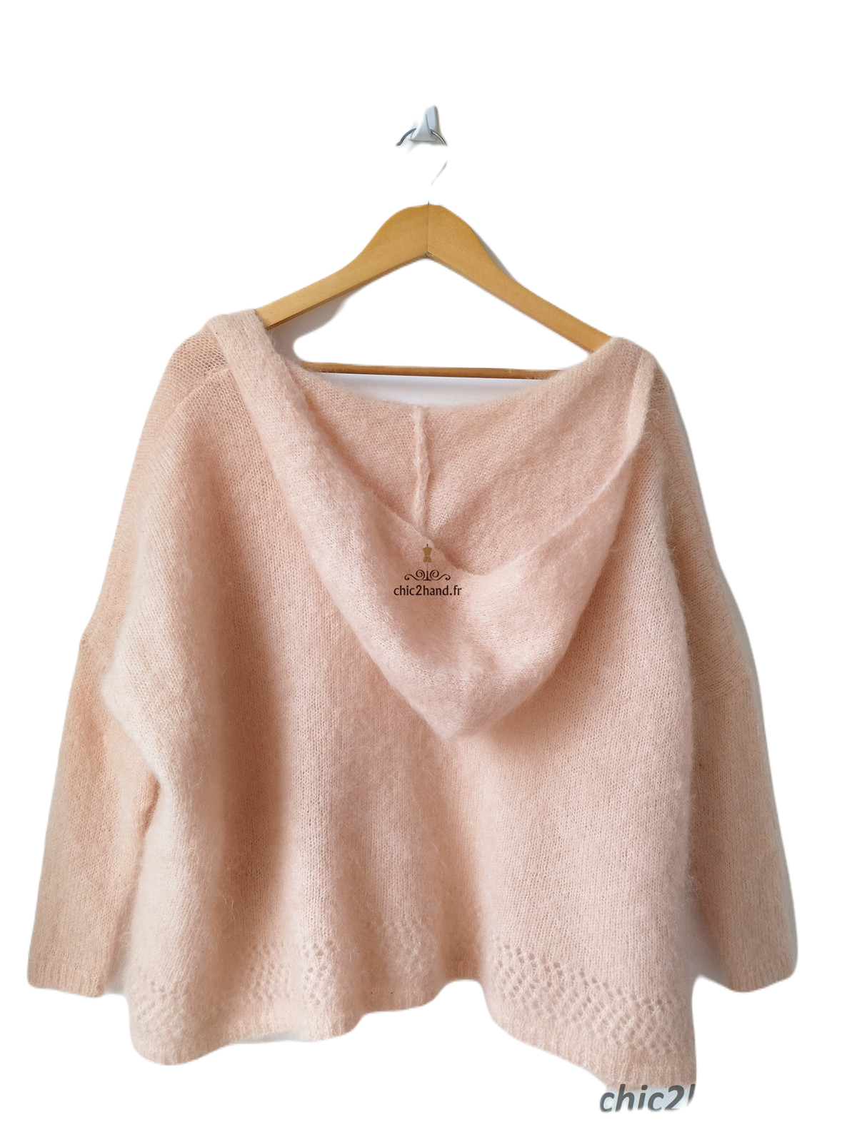 Gilet cardigan oversize ajouré avec capuche 82% kid mohair Sézane XS rose tendre NEUF – Image 6