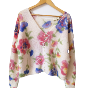 Gilet épais doudou ajouré 64% laine kid mohair Sézane XS blanc fleuri multicolore  NEUF