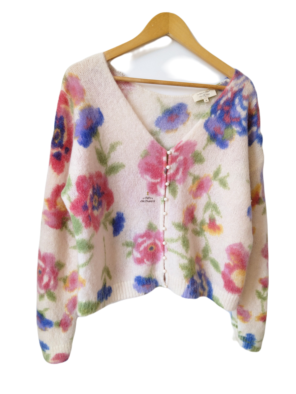Gilet épais doudou ajouré 64% laine kid mohair Sézane XS blanc fleuri multicolore NEUF – Image 3