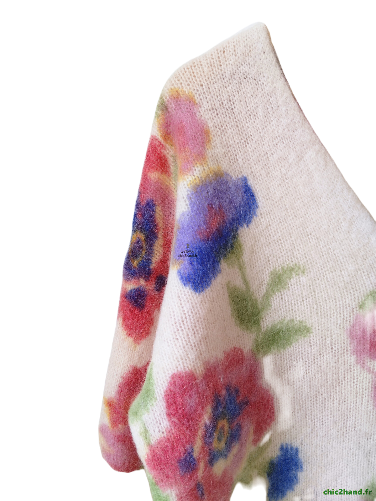 Gilet épais doudou ajouré 64% laine kid mohair Sézane XS blanc fleuri multicolore NEUF – Image 4