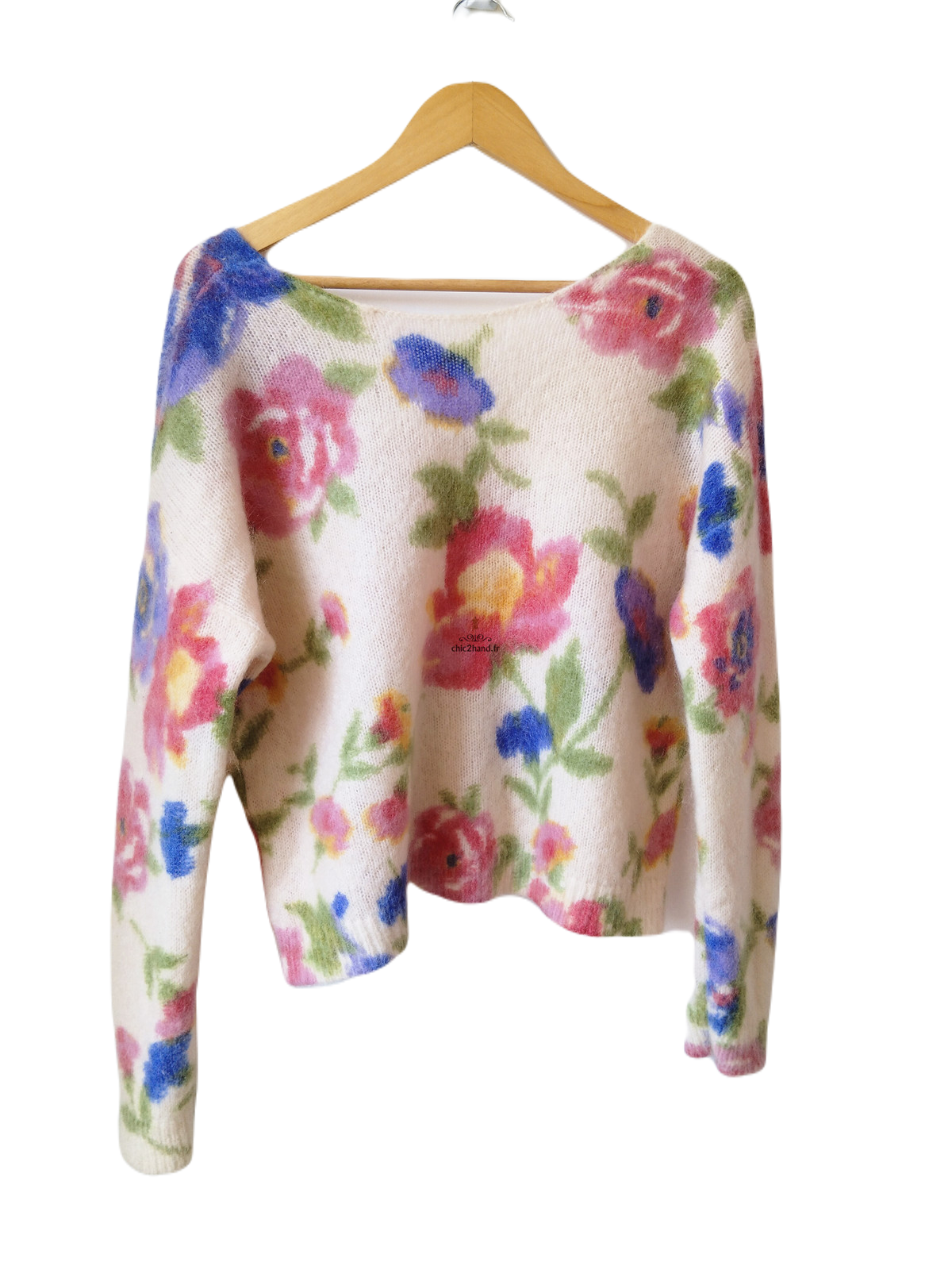 Gilet épais doudou ajouré 64% laine kid mohair Sézane XS blanc fleuri multicolore NEUF – Image 5