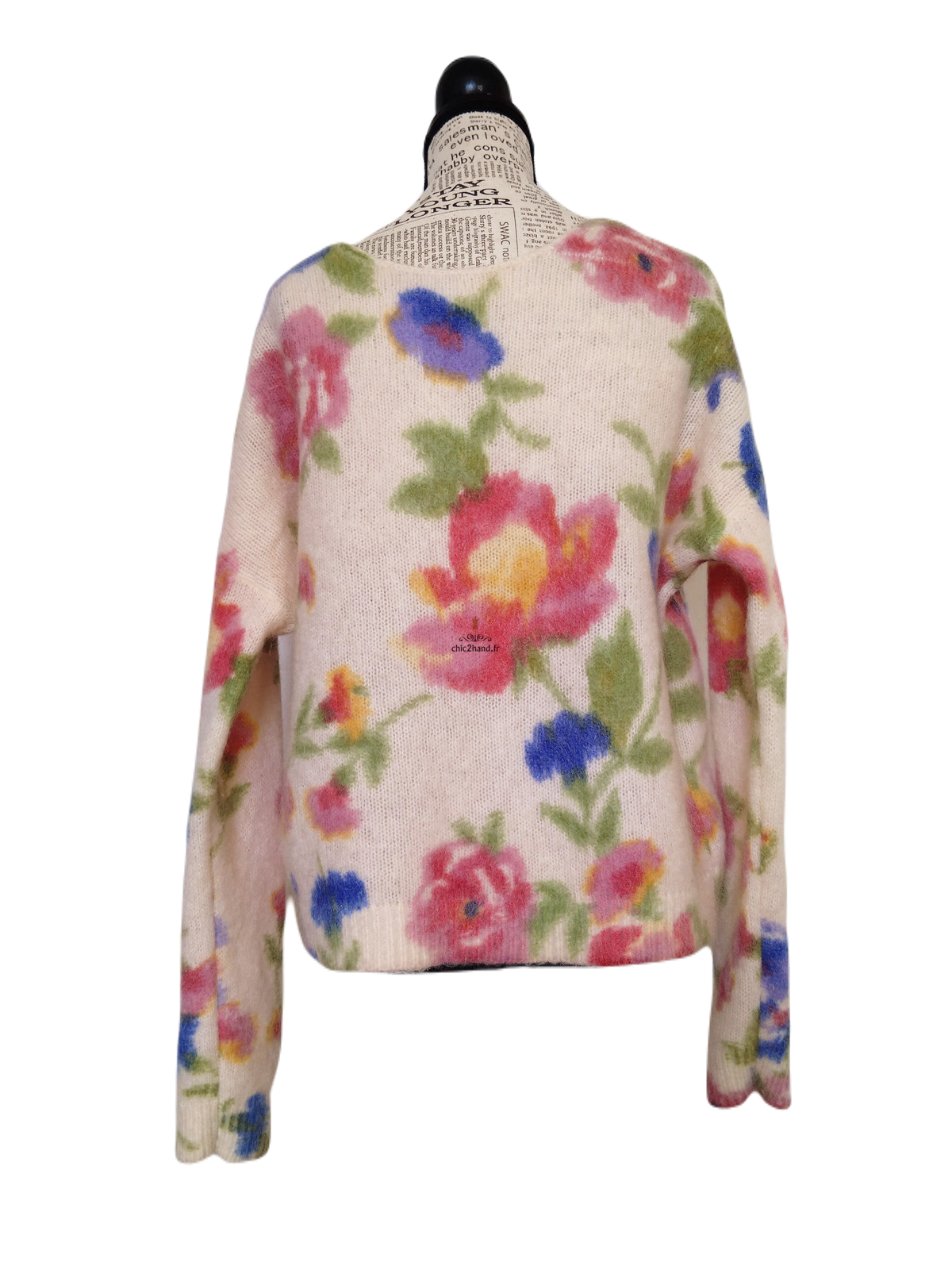 Gilet épais doudou ajouré 64% laine kid mohair Sézane XS blanc fleuri multicolore NEUF – Image 6