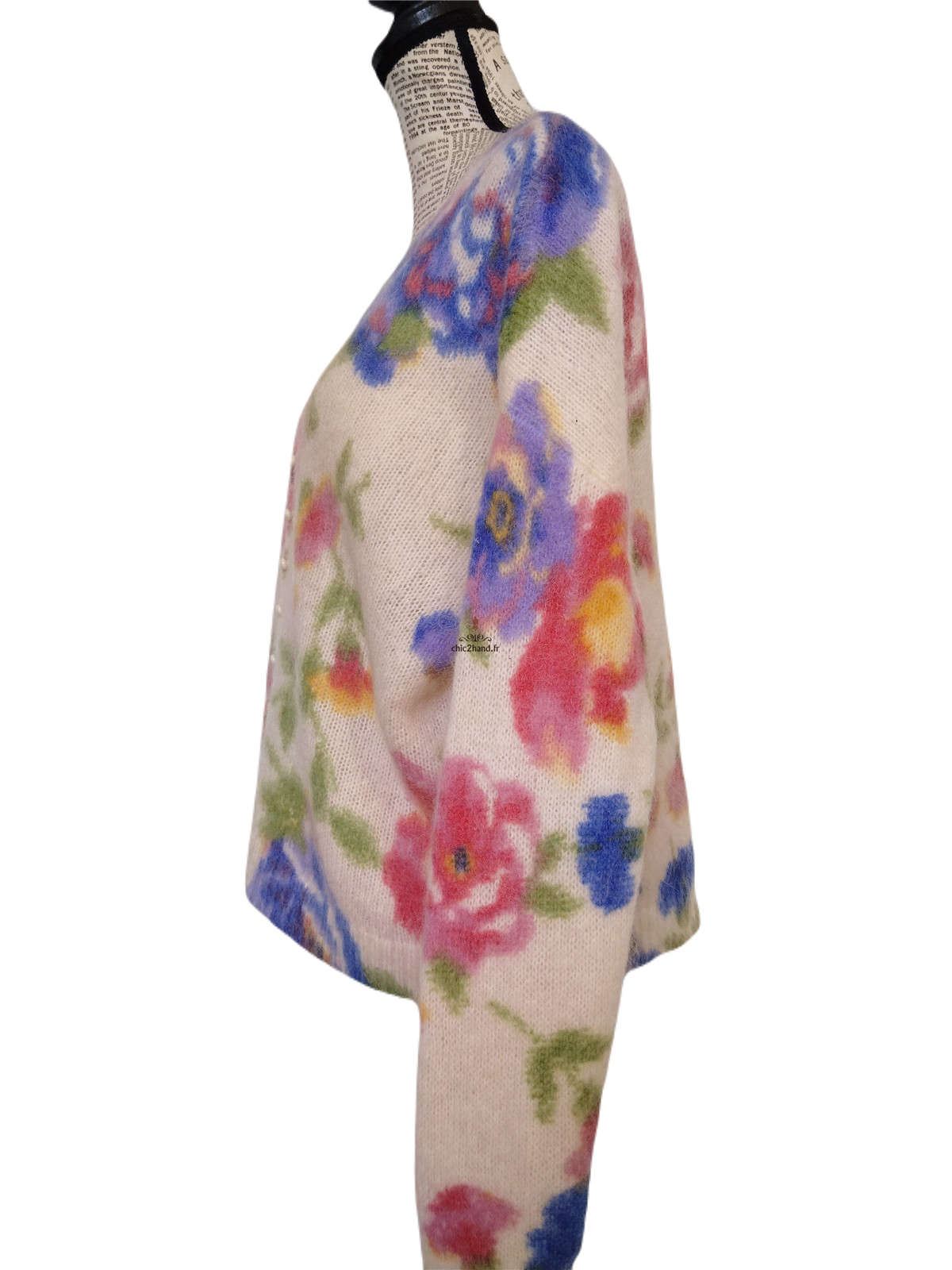 Gilet épais doudou ajouré 64% laine kid mohair Sézane XS blanc fleuri multicolore NEUF – Image 7