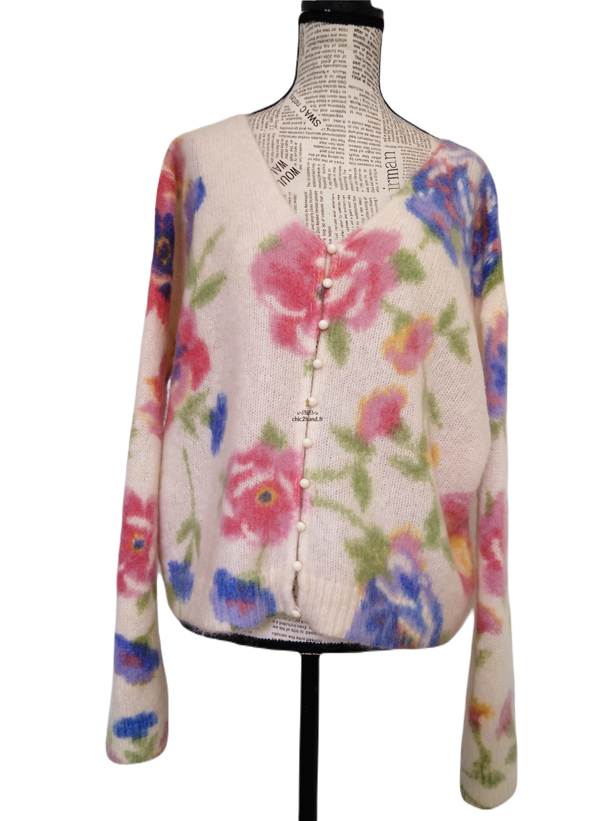 Gilet épais doudou ajouré 64% laine kid mohair Sézane XS blanc fleuri multicolore NEUF – Image 8