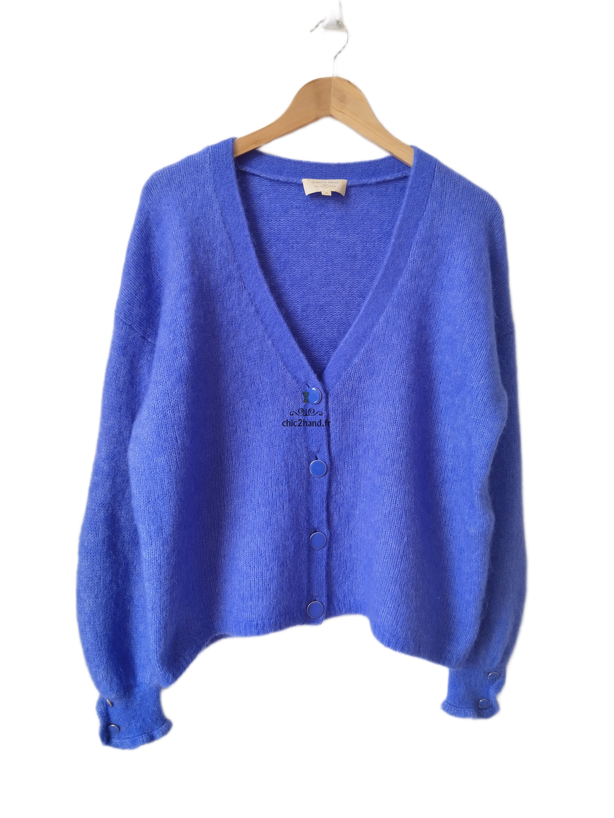 Gilet épais doudou ajouré 66% laine kid mohair Sézane M bleu violet NEUF