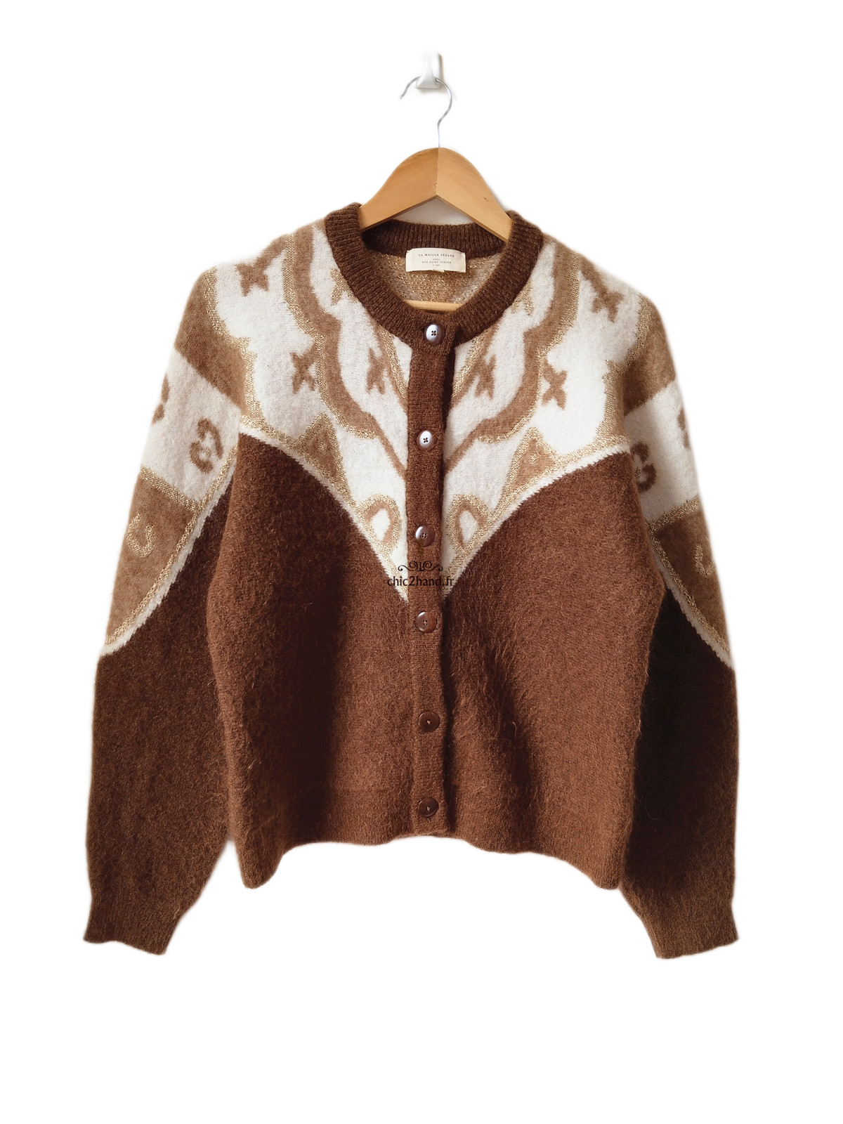 Gilet épais doudou laine kid mohair Sézane Margaux XL marron blanc doré NEUF