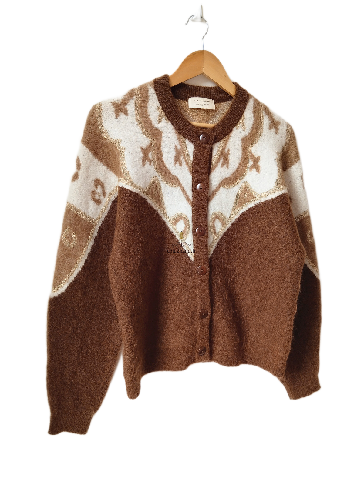 Gilet épais doudou laine kid mohair Sézane Margaux XL marron blanc doré NEUF – Image 3