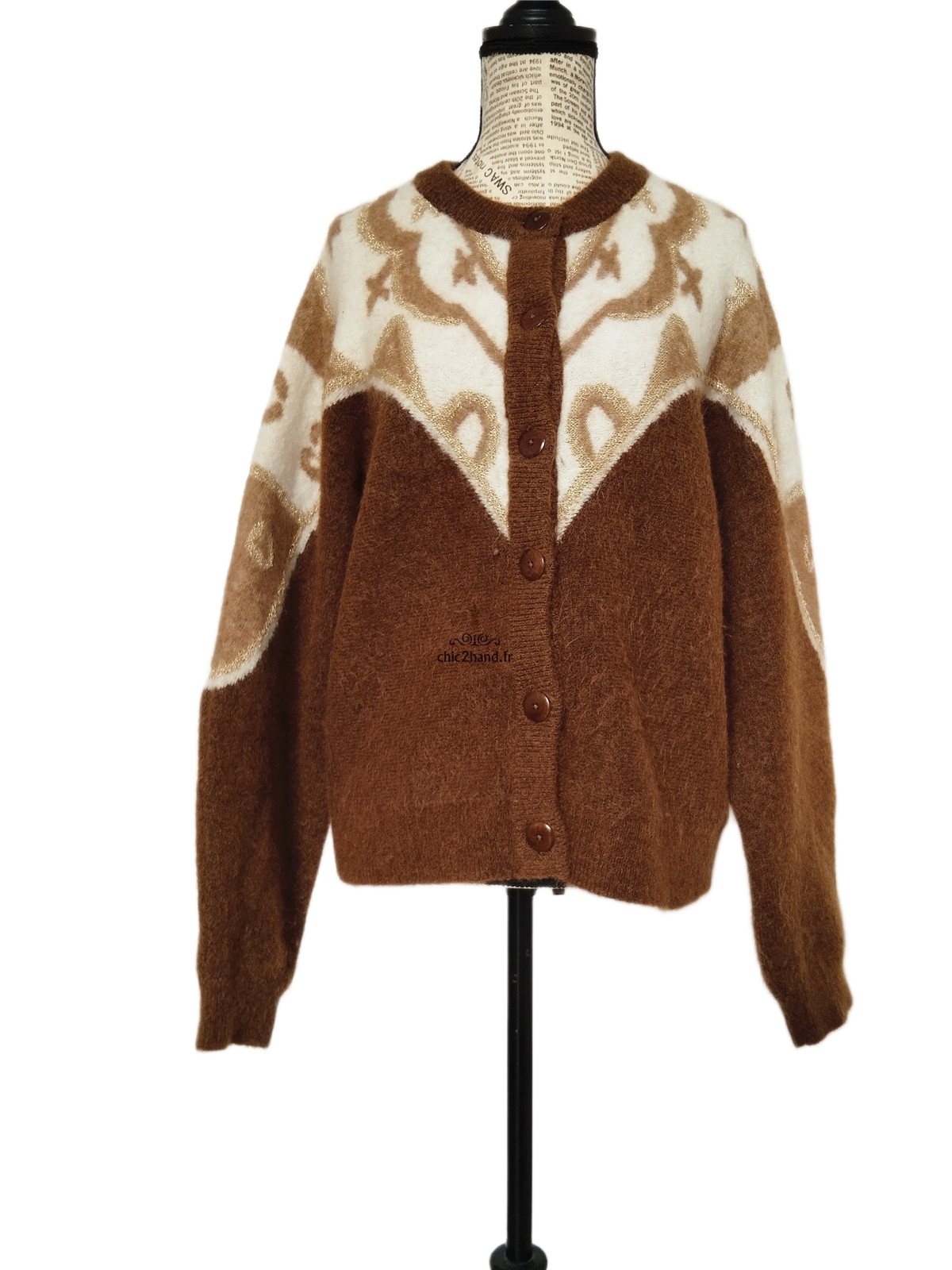 Gilet épais doudou laine kid mohair Sézane Margaux XL marron blanc doré NEUF – Image 10