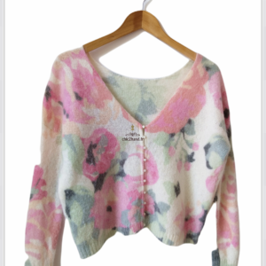 Gilet épais doudou ajouré 64% laine kid mohair Sézane XS vert motif fleuri rose  TBE