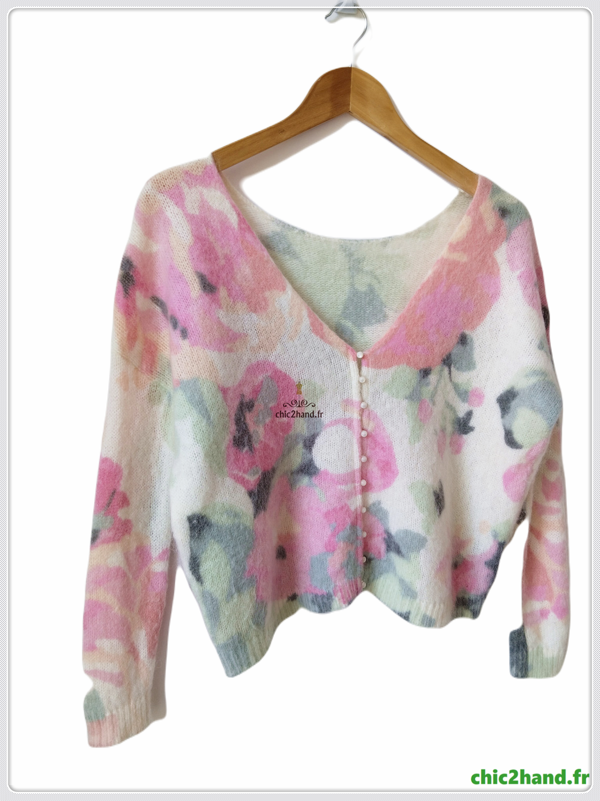 Gilet épais doudou ajouré 64% laine kid mohair Sézane XS vert motif fleuri rose TBE – Image 3