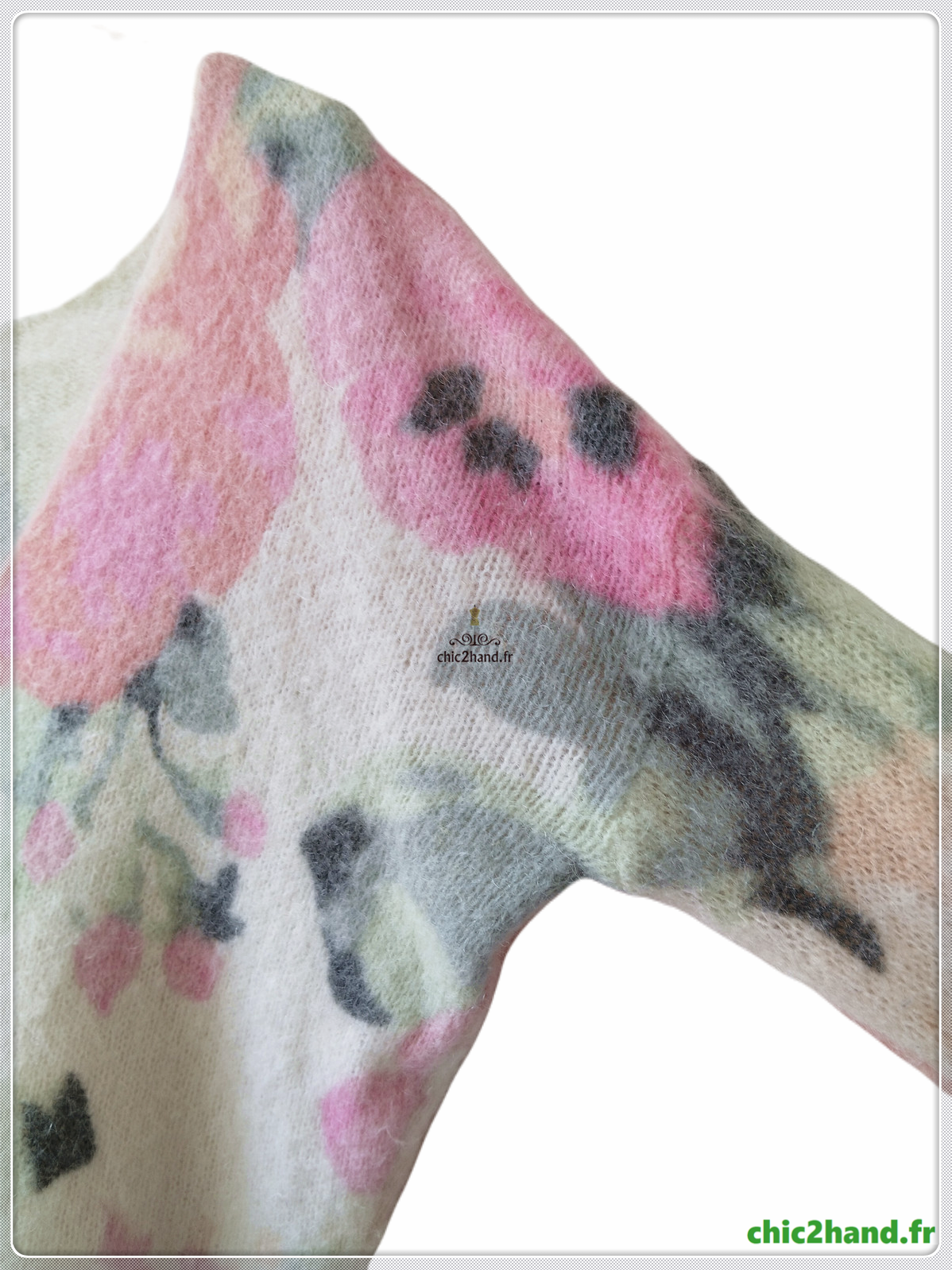 Gilet épais doudou ajouré 64% laine kid mohair Sézane XS vert motif fleuri rose TBE – Image 4