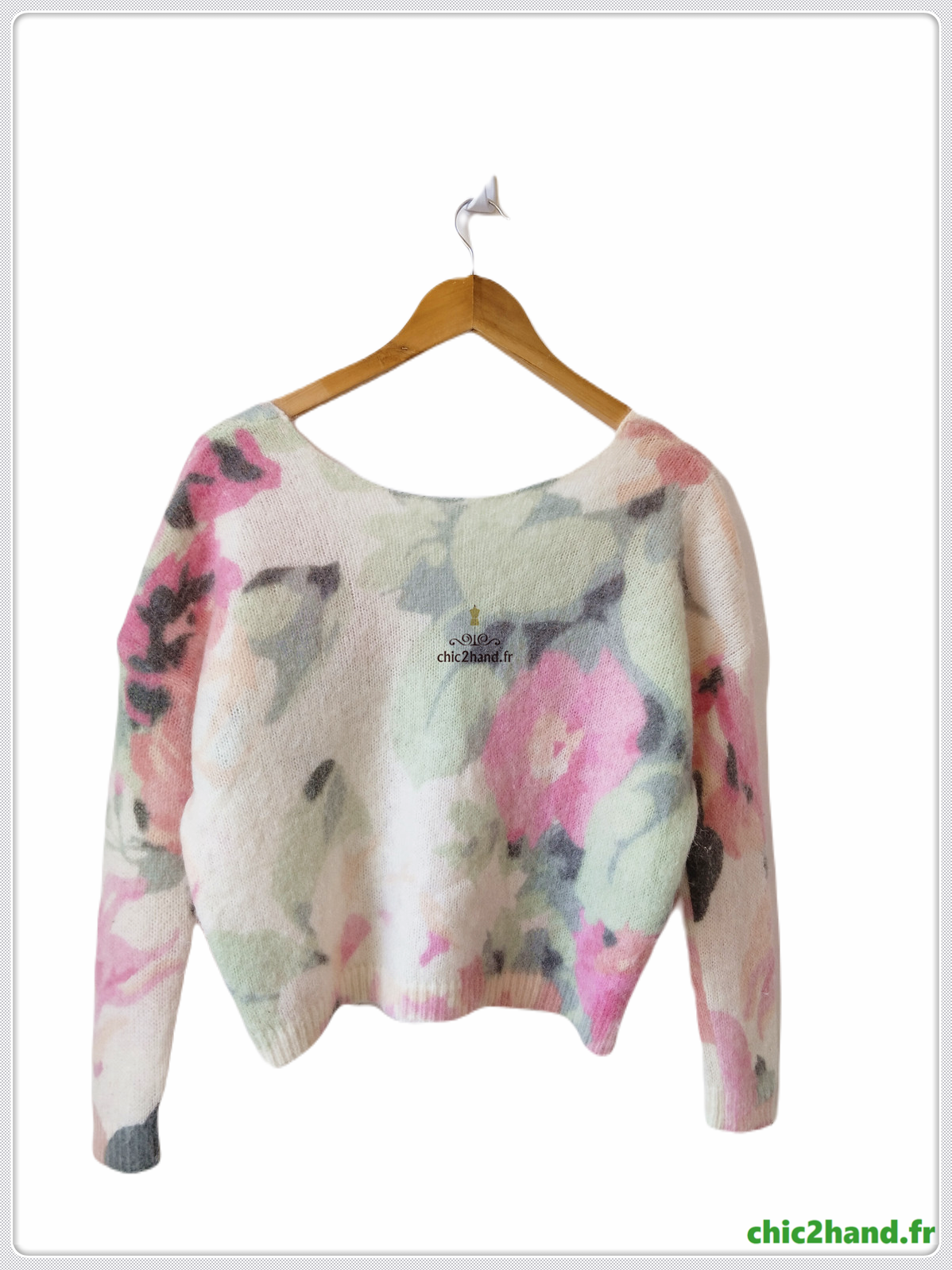 Gilet épais doudou ajouré 64% laine kid mohair Sézane XS vert motif fleuri rose TBE – Image 5