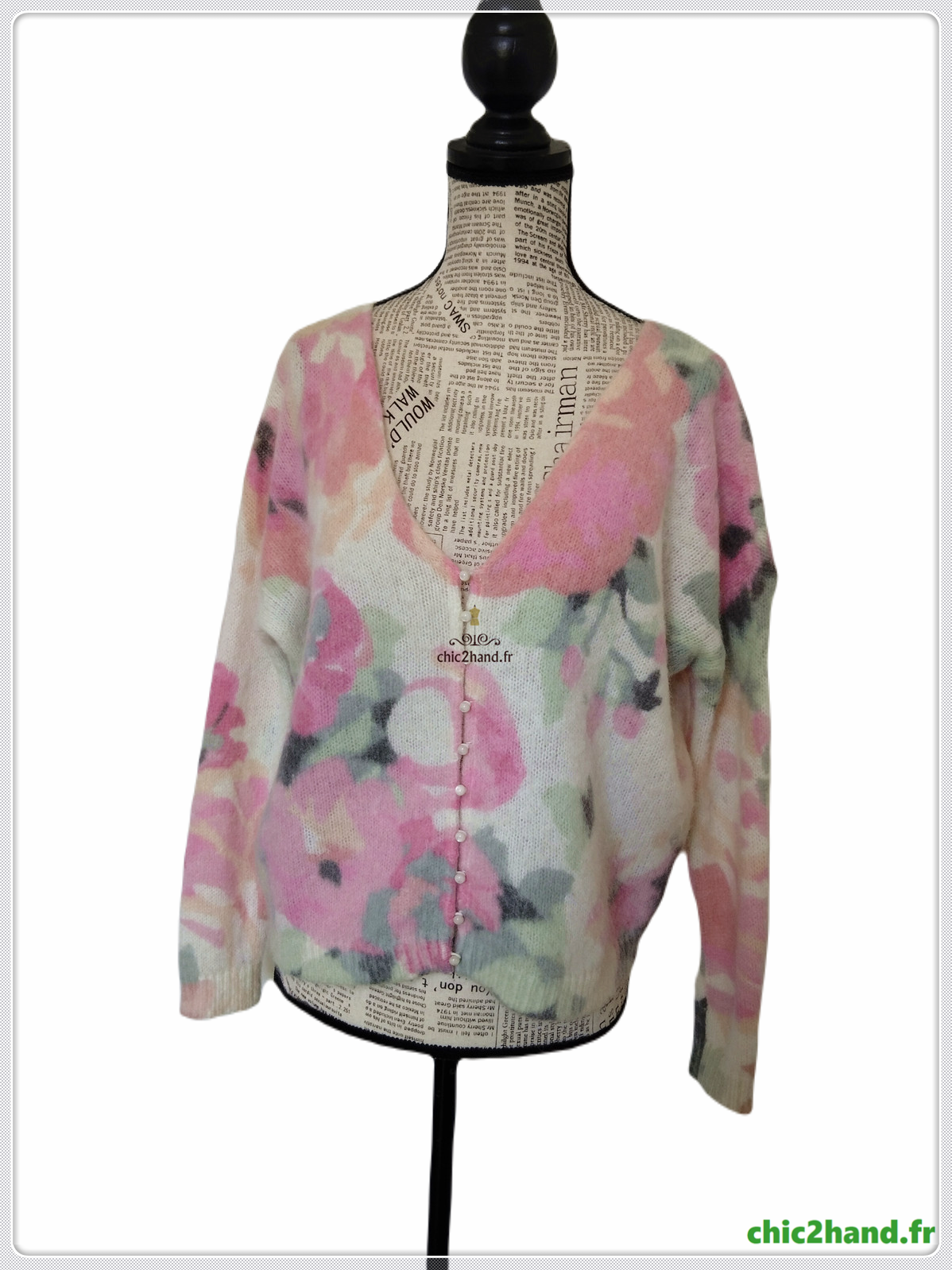 Gilet épais doudou ajouré 64% laine kid mohair Sézane XS vert motif fleuri rose TBE – Image 6