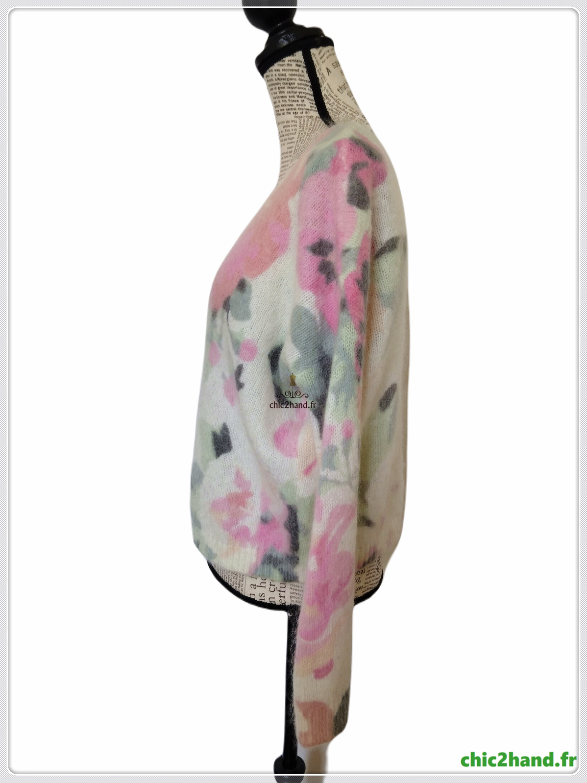 Gilet épais doudou ajouré 64% laine kid mohair Sézane XS vert motif fleuri rose TBE – Image 7