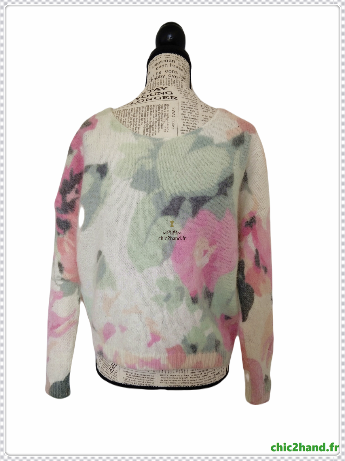 Gilet épais doudou ajouré 64% laine kid mohair Sézane XS vert motif fleuri rose TBE – Image 8