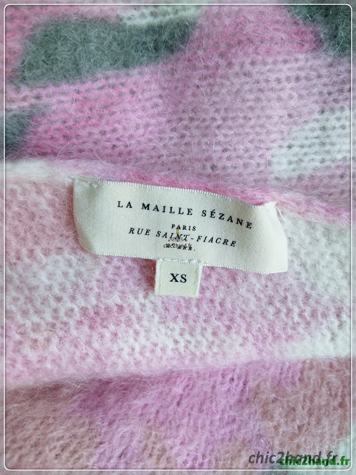 Gilet épais doudou ajouré 64% laine kid mohair Sézane XS vert motif fleuri rose TBE – Image 10