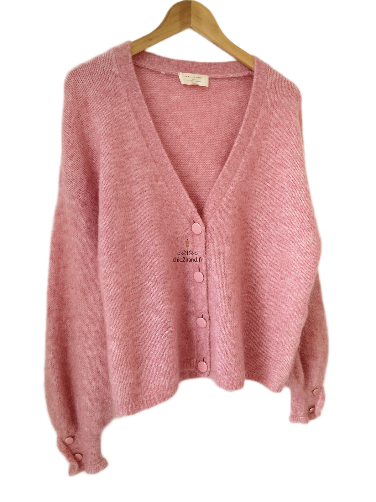 Gilet cardigan doudou laine kid mohair Sézane S rose pivoine NEUF – Image 2