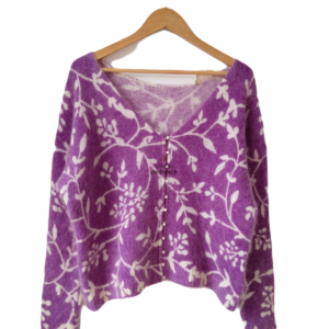 Gilet épais doudou ajouré 64% laine kid mohair Sézane S violet motif fleuri blanc NEUF