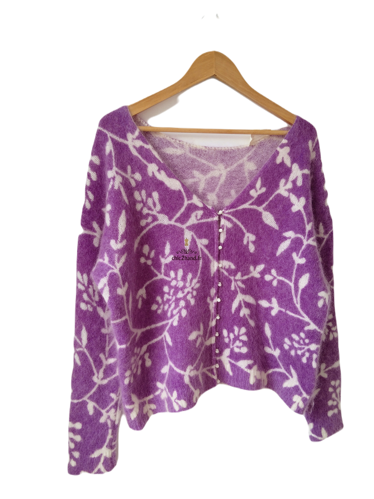 Gilet épais doudou ajouré 64% laine kid mohair Sézane S violet motif fleuri blanc NEUF – Image 4