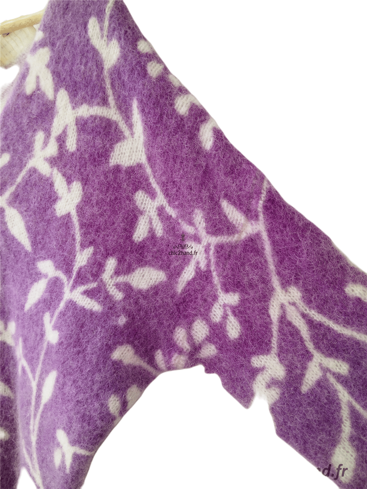 Gilet épais doudou ajouré 64% laine kid mohair Sézane S violet motif fleuri blanc NEUF – Image 6