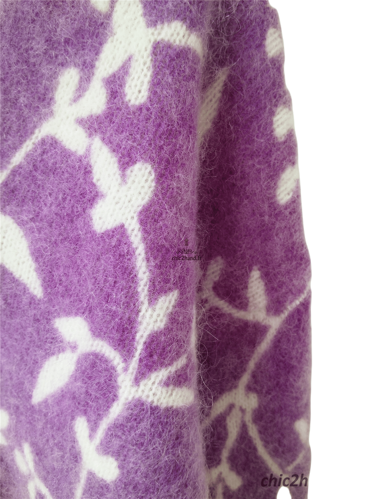 Gilet épais doudou ajouré 64% laine kid mohair Sézane S violet motif fleuri blanc NEUF – Image 7