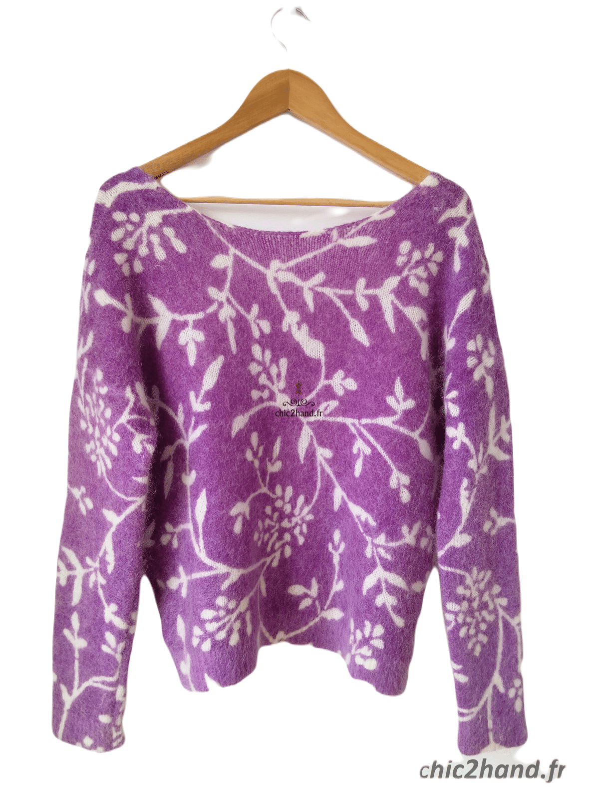 Gilet épais doudou ajouré 64% laine kid mohair Sézane S violet motif fleuri blanc NEUF – Image 8