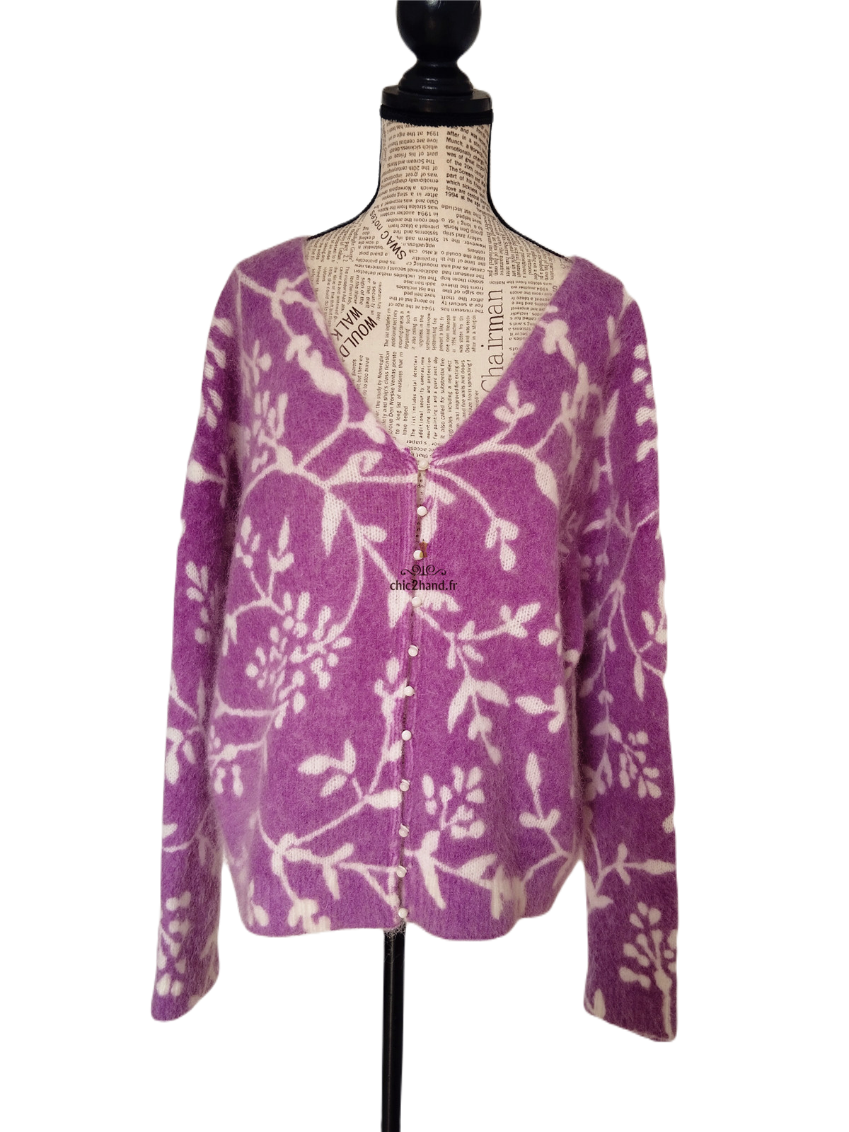 Gilet épais doudou ajouré 64% laine kid mohair Sézane S violet motif fleuri blanc NEUF – Image 9