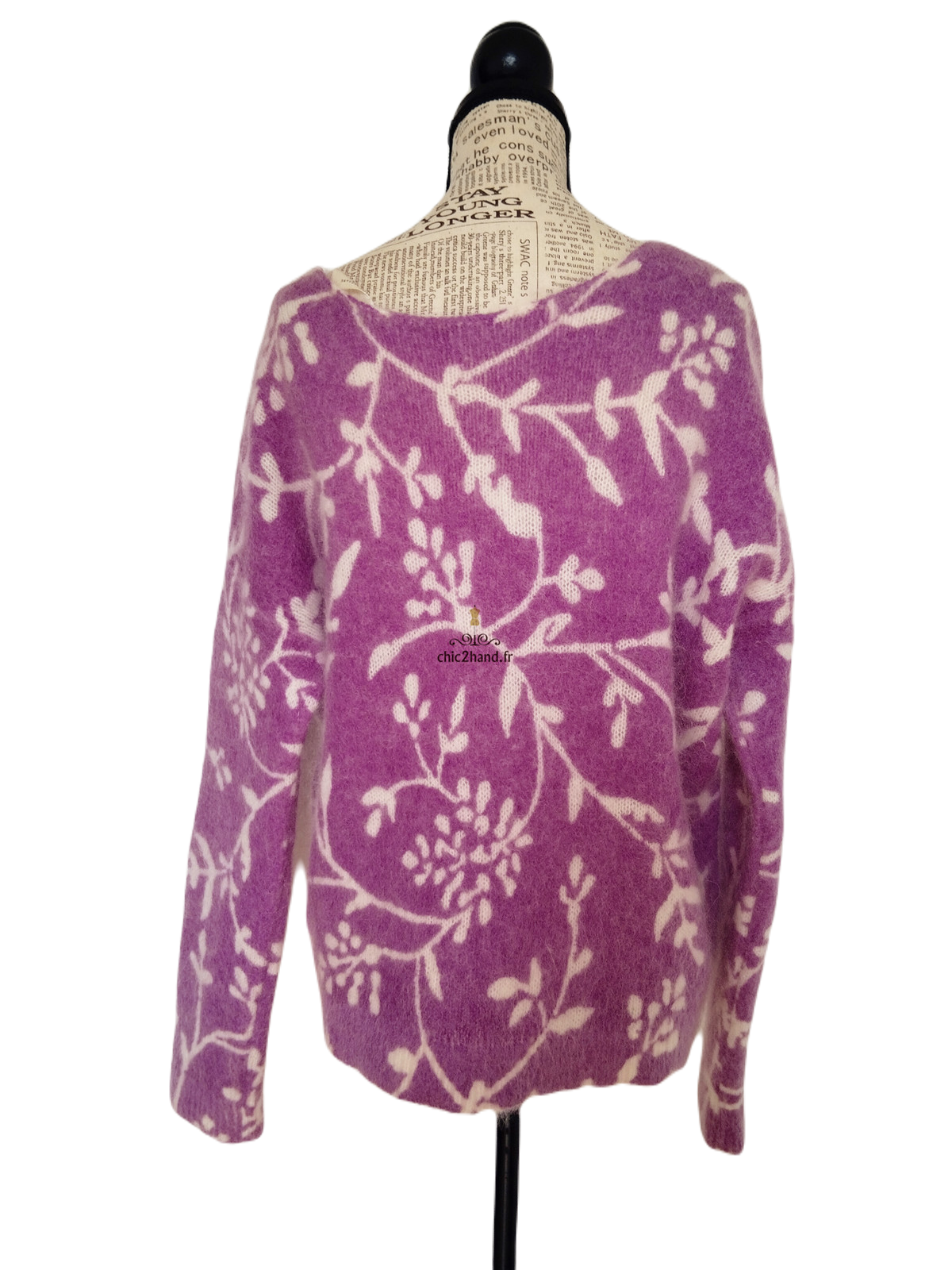 Gilet épais doudou ajouré 64% laine kid mohair Sézane S violet motif fleuri blanc NEUF – Image 11