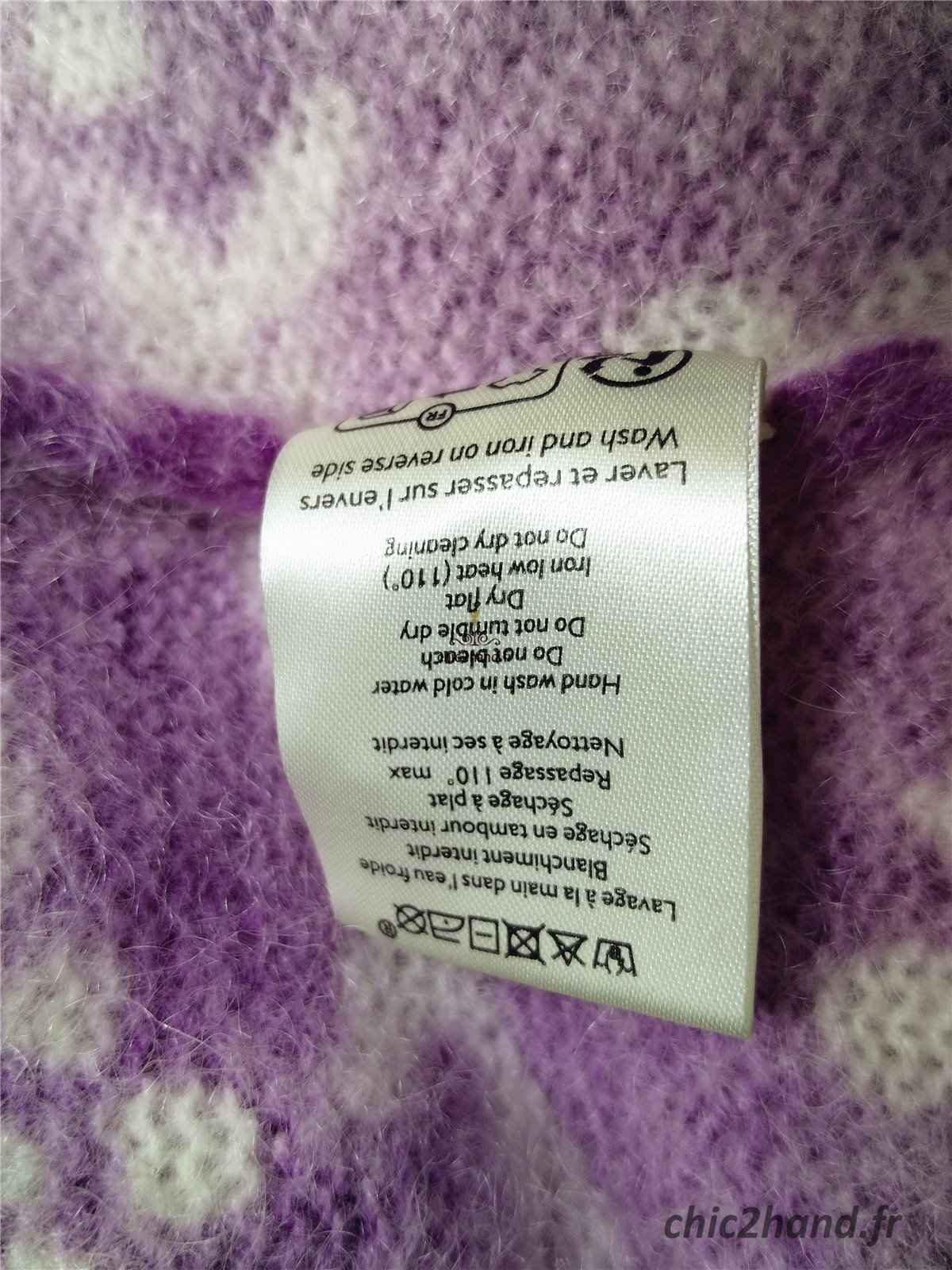 Gilet épais doudou ajouré 64% laine kid mohair Sézane S violet motif fleuri blanc NEUF – Image 12
