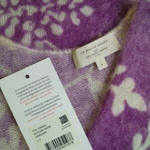 Gilet épais doudou ajouré 64% laine kid mohair Sézane S violet motif fleuri blanc NEUF