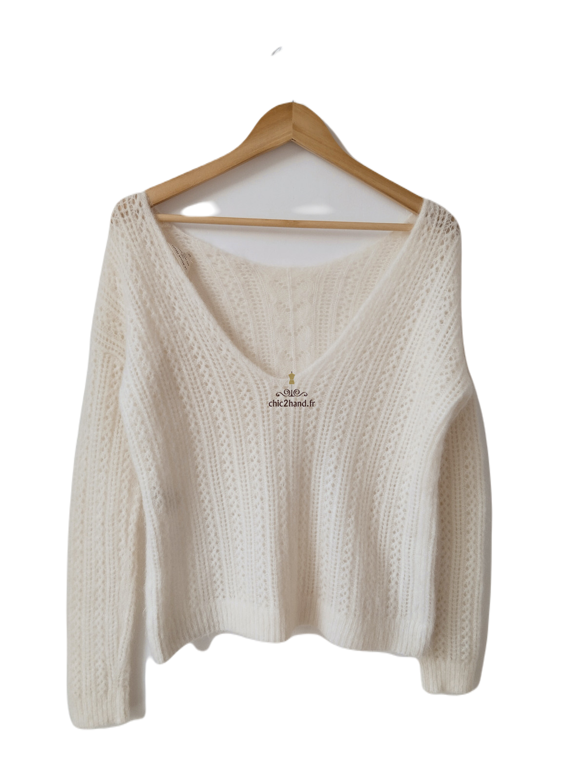 Pull épais doudou ajouré laine kid mohair Sézane XS blanc crème NEUF – Image 2
