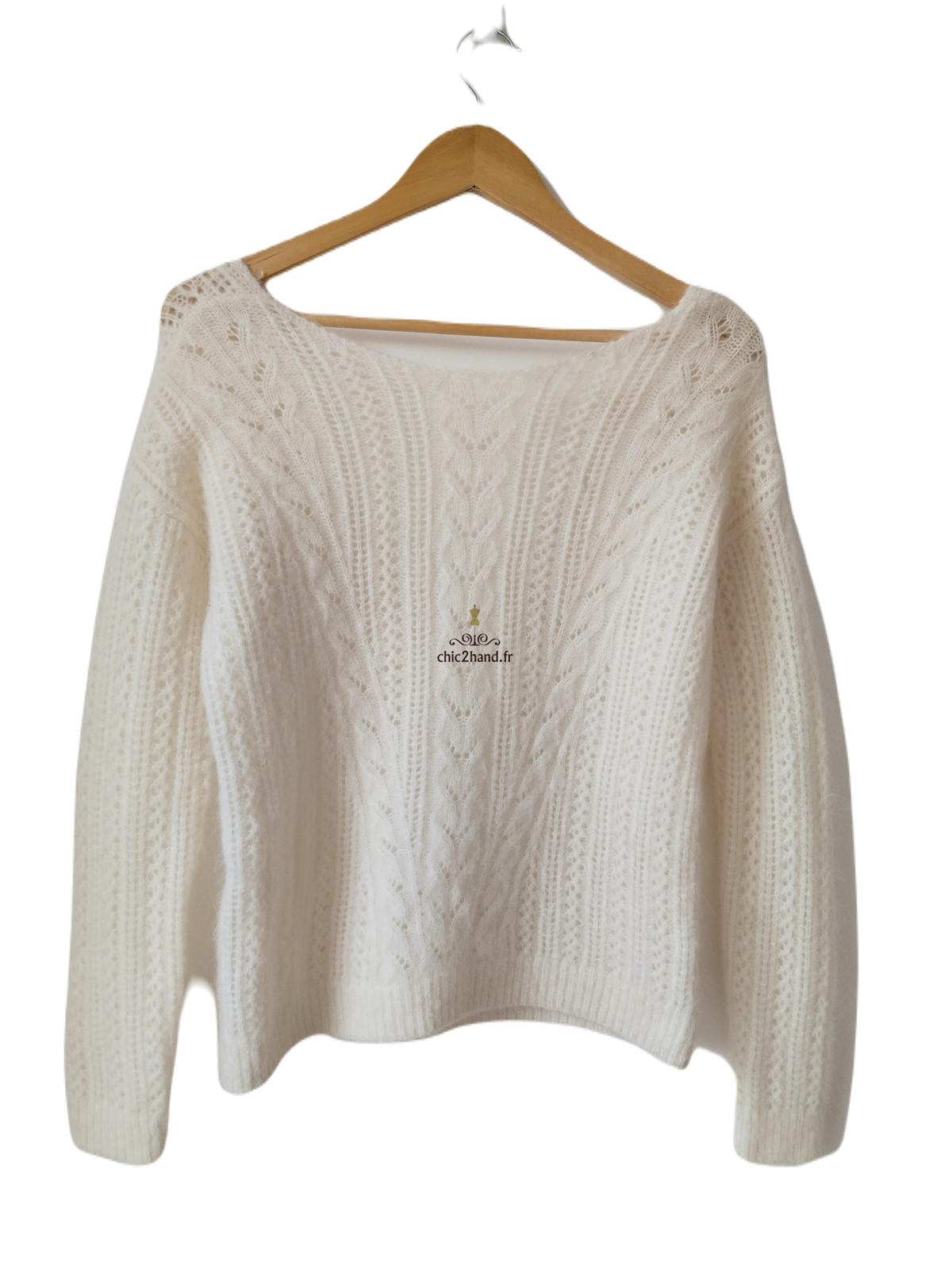 Pull épais doudou ajouré laine kid mohair Sézane XS blanc crème NEUF – Image 6
