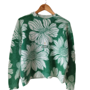 Pull oversize épais 66% laine kid mohair Sézane M vert fleuri blanc Neuf