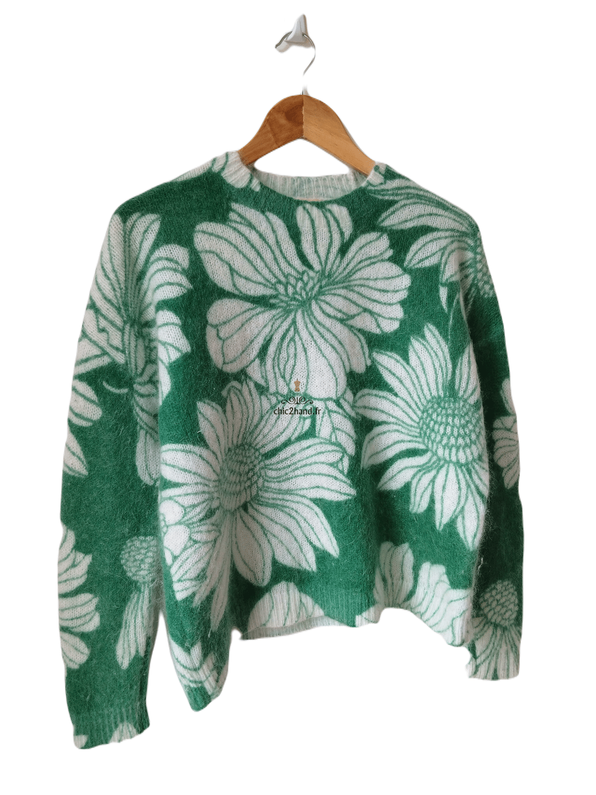 Pull oversize épais 66% laine kid mohair Sézane M vert fleuri blanc Neuf – Image 3