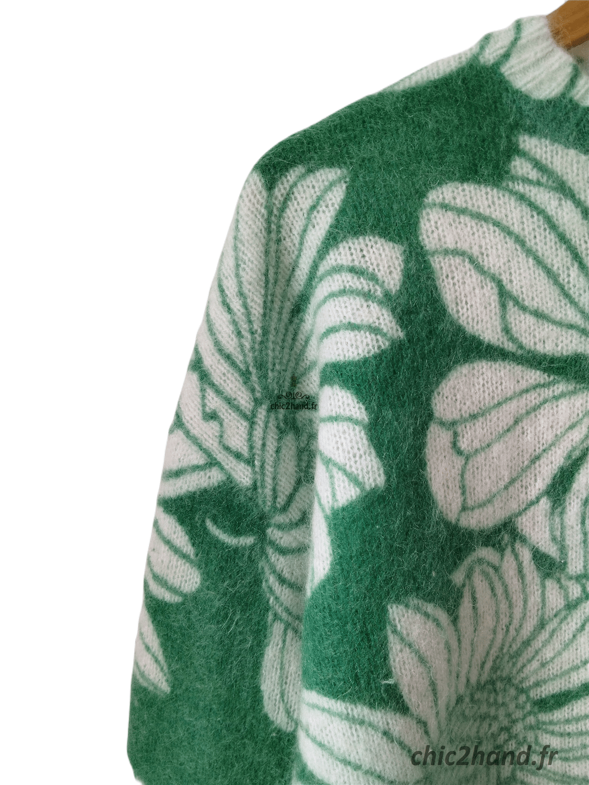 Pull oversize épais 66% laine kid mohair Sézane M vert fleuri blanc Neuf – Image 4