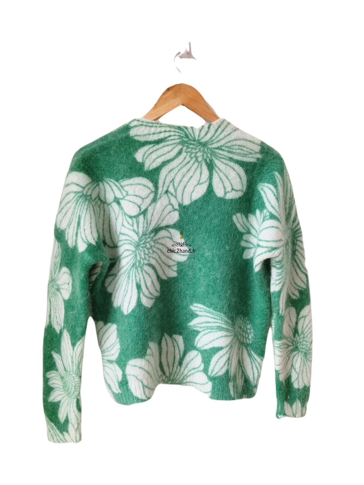 Pull oversize épais 66% laine kid mohair Sézane M vert fleuri blanc Neuf – Image 5